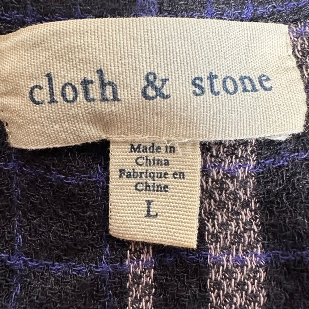 Cloth & Stone Plaid Tunic Dress Women Large Navy Blue Purple V-Neck Tie - Picture 5 of 8